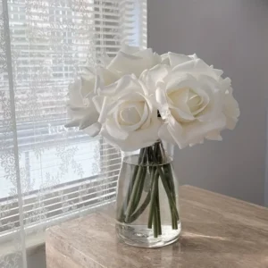 5-Head Realistic White Silk Rose Bouquet with Green Stems Elegant Wedding Decor Party Centerpiece, and Home Décor in Glass Vase