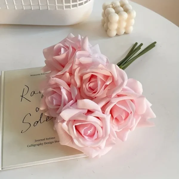 5-Head Realistic White Silk Rose Bouquet with Green Stems Elegant Wedding Decor Party Centerpiece, and Home Décor in Glass Vase - Image 5