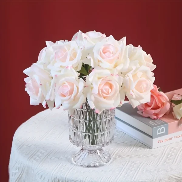 5-Head Realistic White Silk Rose Bouquet with Green Stems Elegant Wedding Decor Party Centerpiece, and Home Décor in Glass Vase - Image 4