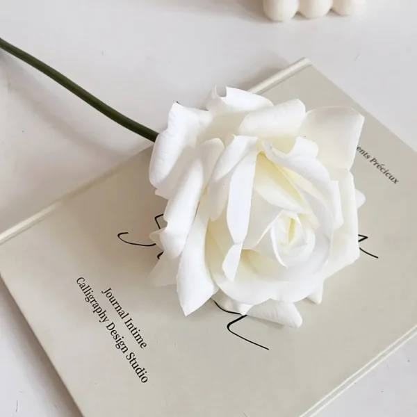 5-Head Realistic White Silk Rose Bouquet with Green Stems Elegant Wedding Decor Party Centerpiece, and Home Décor in Glass Vase - Image 2