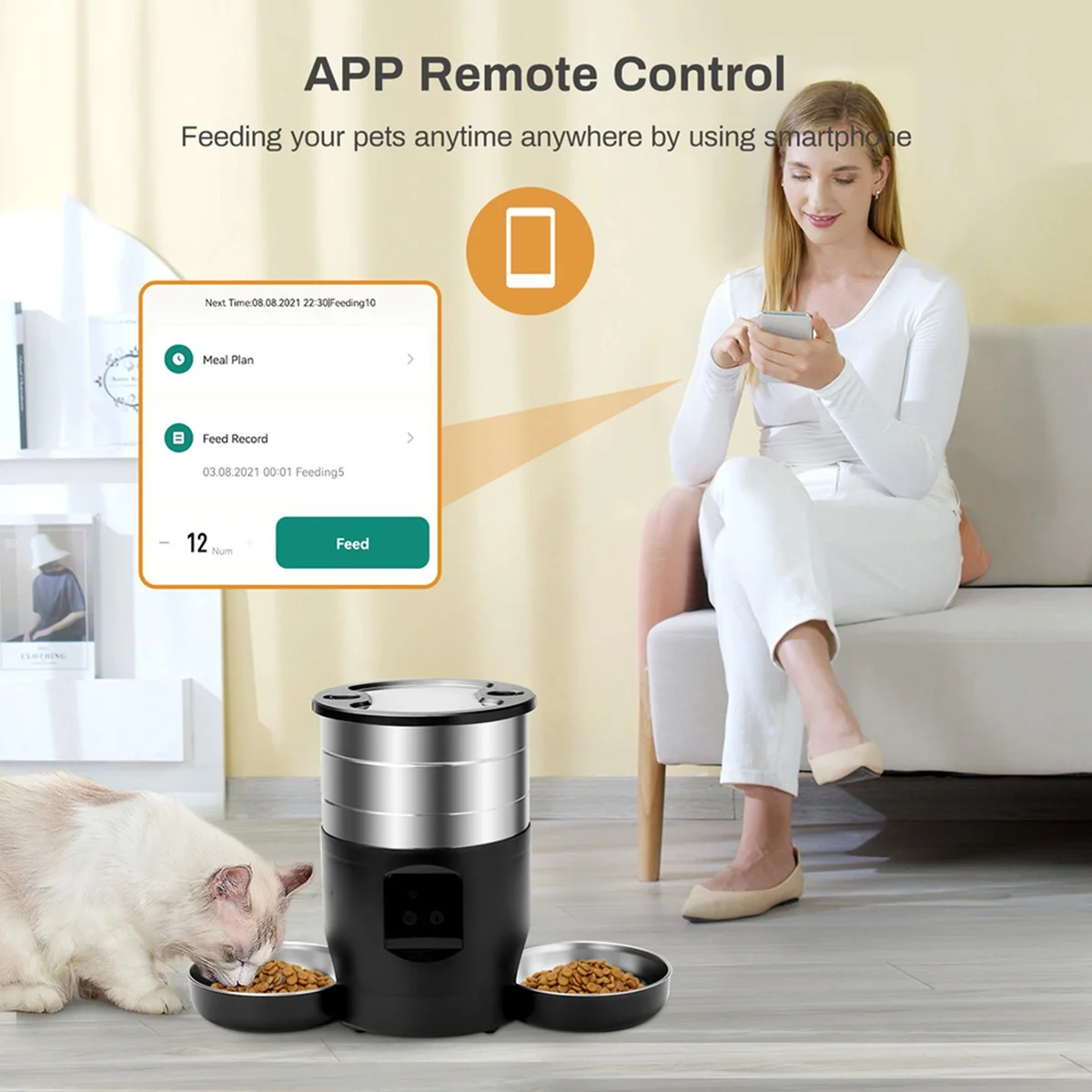 4.5L WiFi Automatic Cat Feeder Includes Two Bowls Cat and Dogs Food Dispenser Feeder Pet Feeder US Plug - Image 3