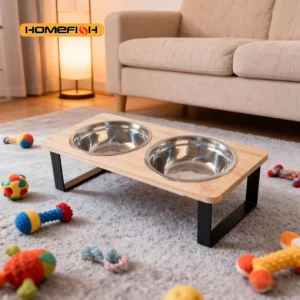 Elevated Cat Bowl Pet Feeder 15° Tilted Raised Cat Food Bowl with Wooden Base Includes 2 Stainless Steel Bowls Suitable for Cats